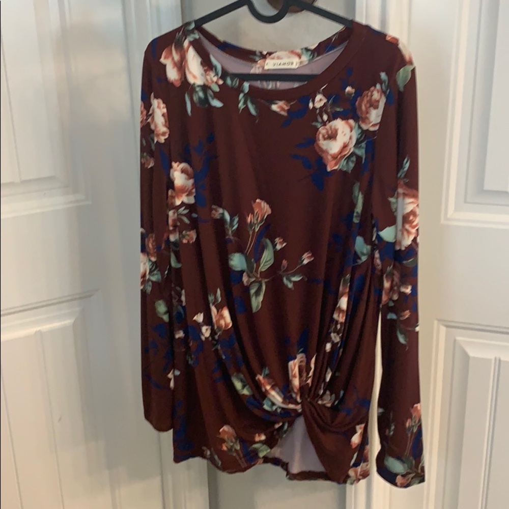 Burgundy Floral Twist Knot Long Sleeve Top